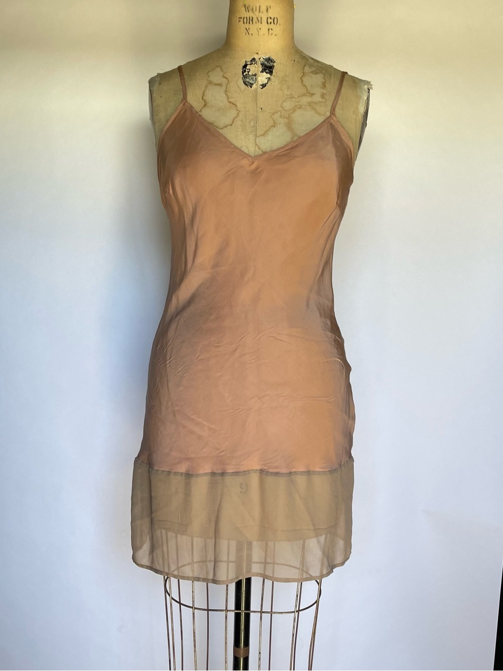 Peach Satin Slip Chemise with Sheer Hem